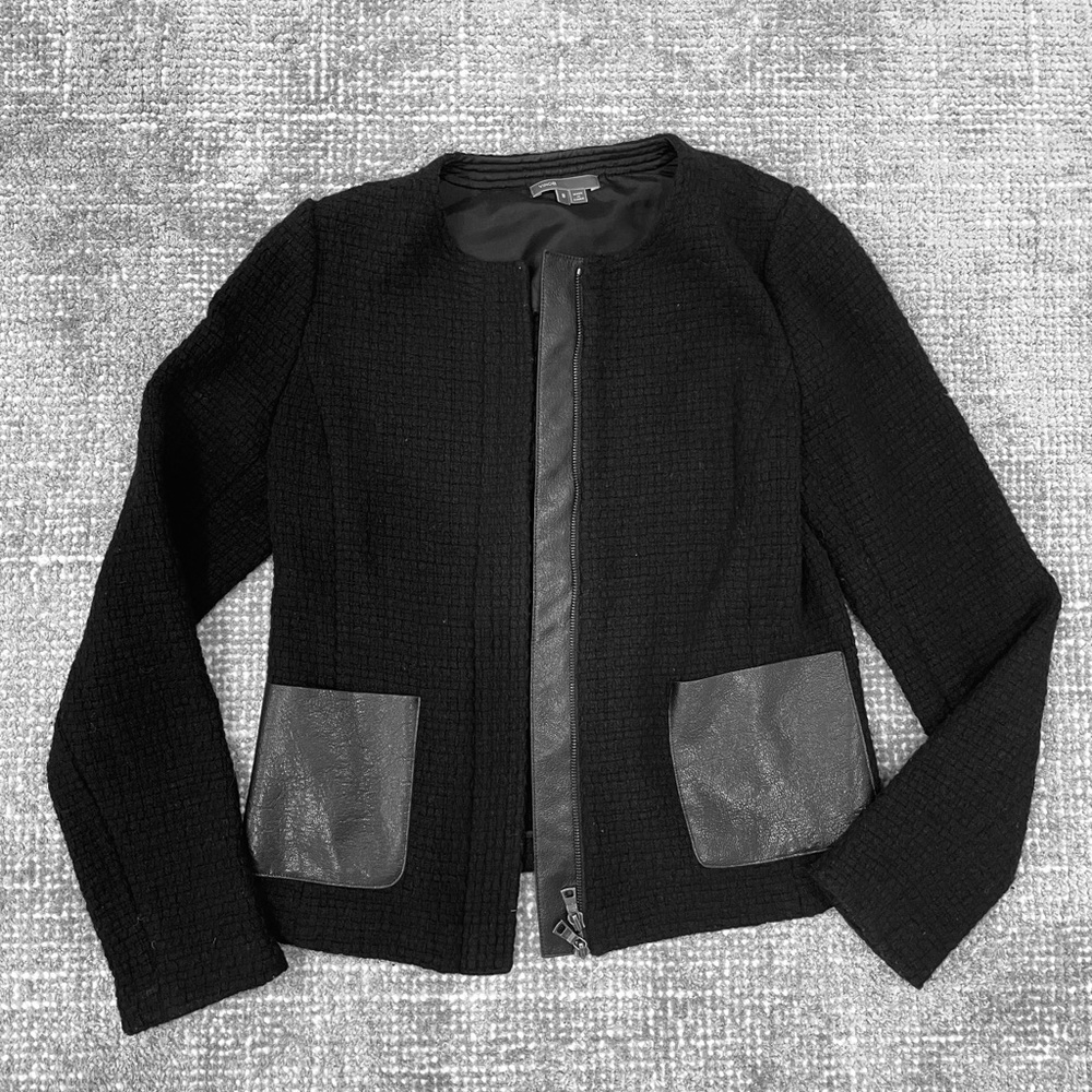 Vince Black Tweet Jacket W Lam Leather Pockets sz8